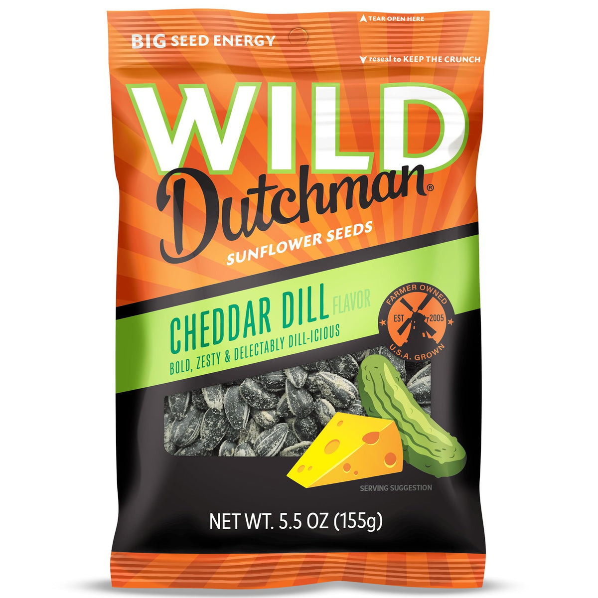 Wild Dutchman cheddar dill sunflower seeds bag close-up for fresh crunch on the go