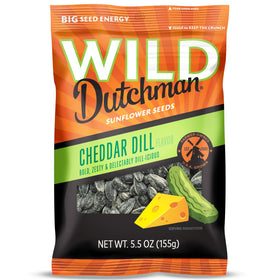 Wild Dutchman cheddar dill sunflower seeds bag close-up for fresh crunch on the go