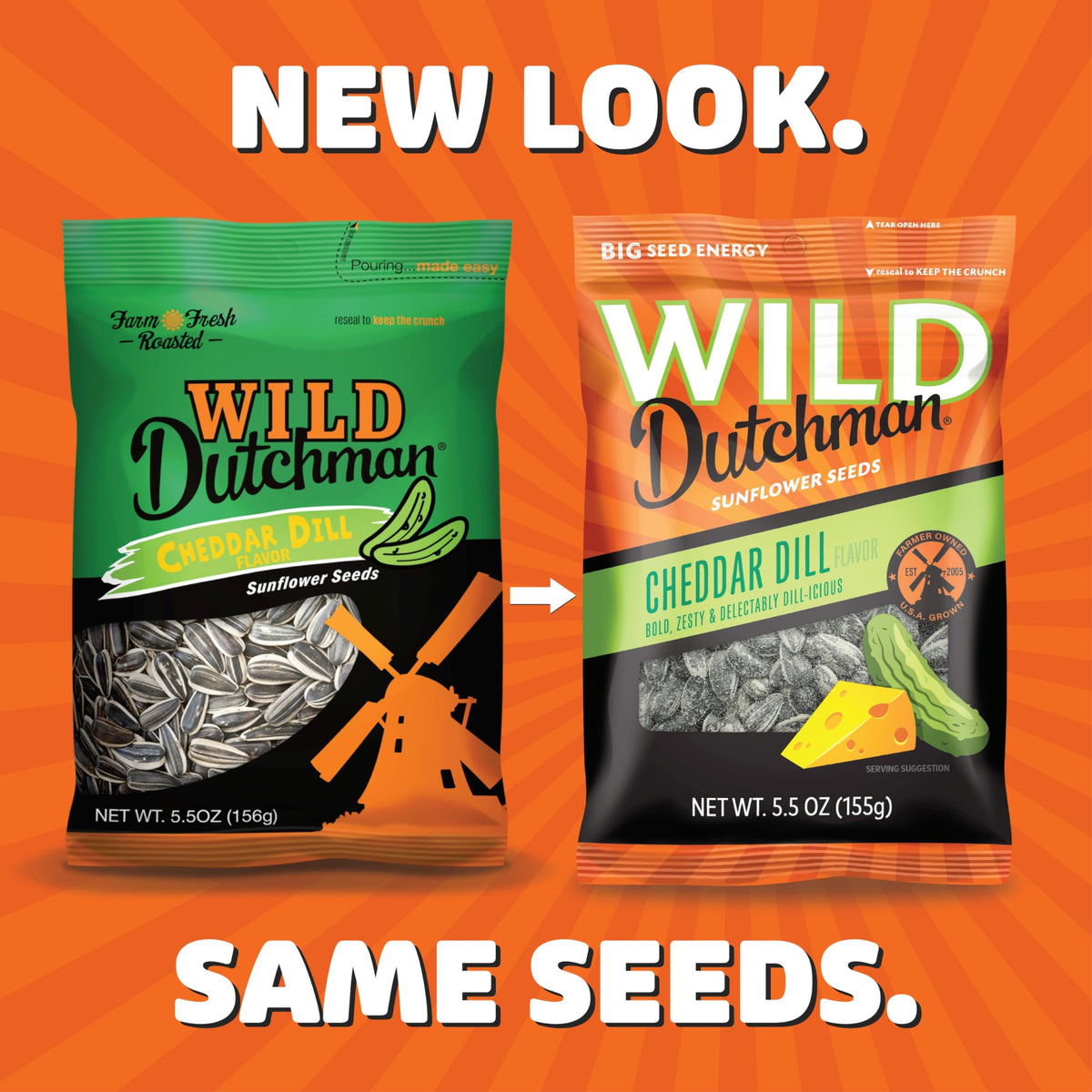 Wild Dutchman cheddar dill seeds bag pour showing easy one-handed snacking