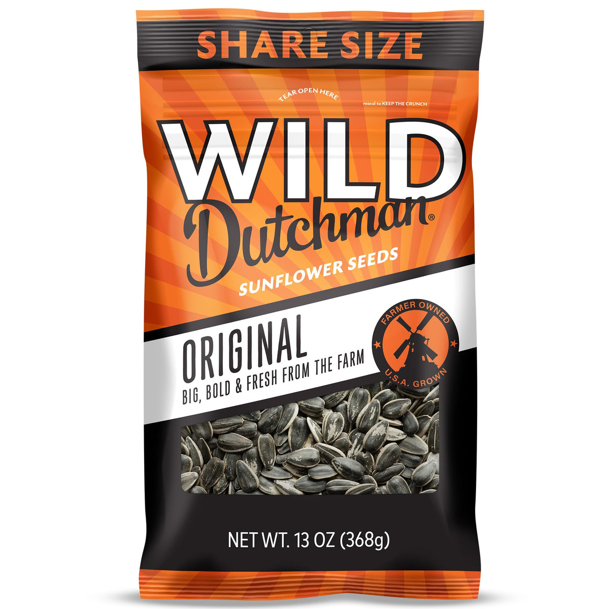 Wild Dutchman roasted sunflower seeds in bag show freshness and easy pour.