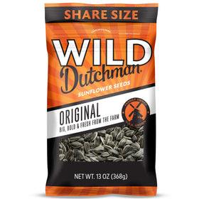 Wild Dutchman roasted sunflower seeds in bag show freshness and easy pour.