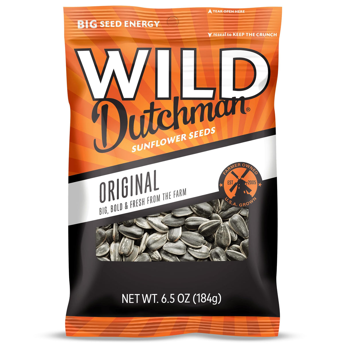 Wild Dutchman roasted sunflower seeds in original salted bag—freshness ready to enjoy