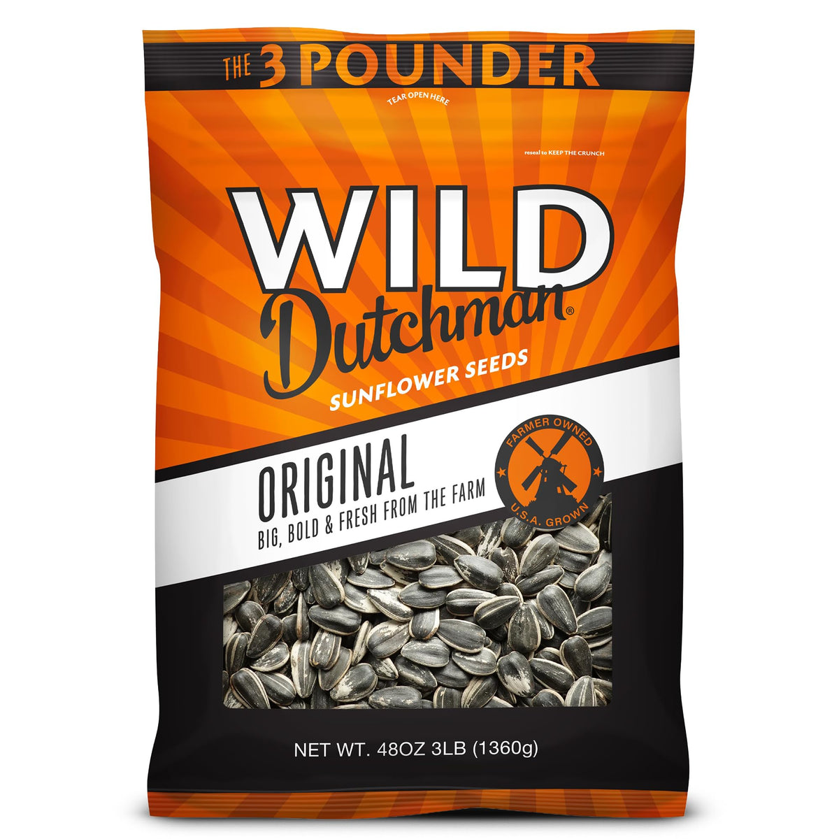 Wild Dutchman Original Salted sunflower seeds in front of resealable bag, emphasizing freshness