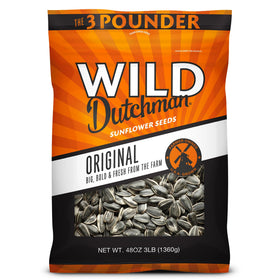 Wild Dutchman Original Salted sunflower seeds in front of resealable bag, emphasizing freshness