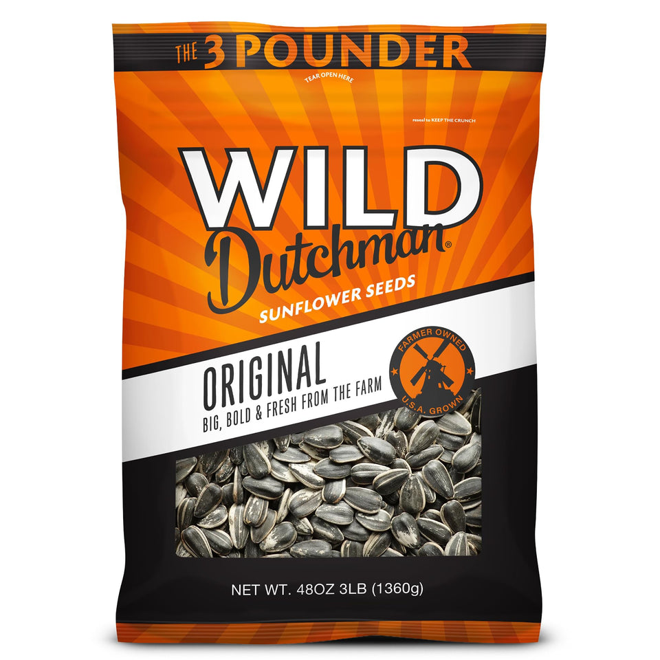 Wild Dutchman Original Salted sunflower seeds in front of resealable bag, emphasizing freshness