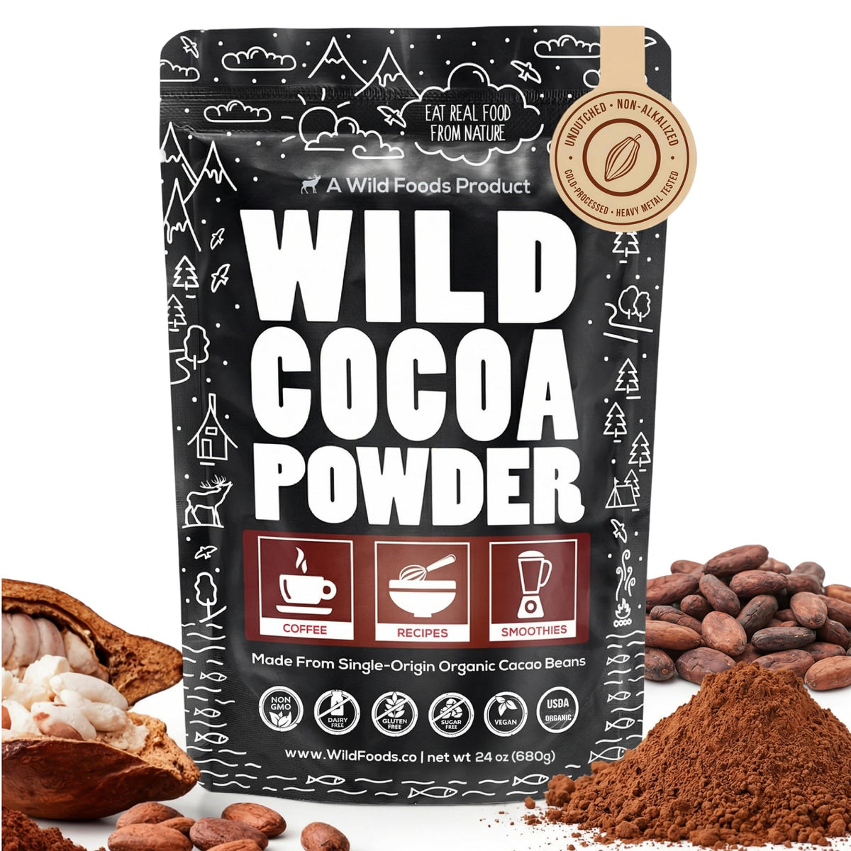 Wild Foods cacao powder jar close-up, perfect for baking and smoothies.
