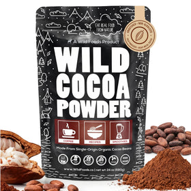 Wild Foods cacao powder jar close-up, perfect for baking and smoothies.