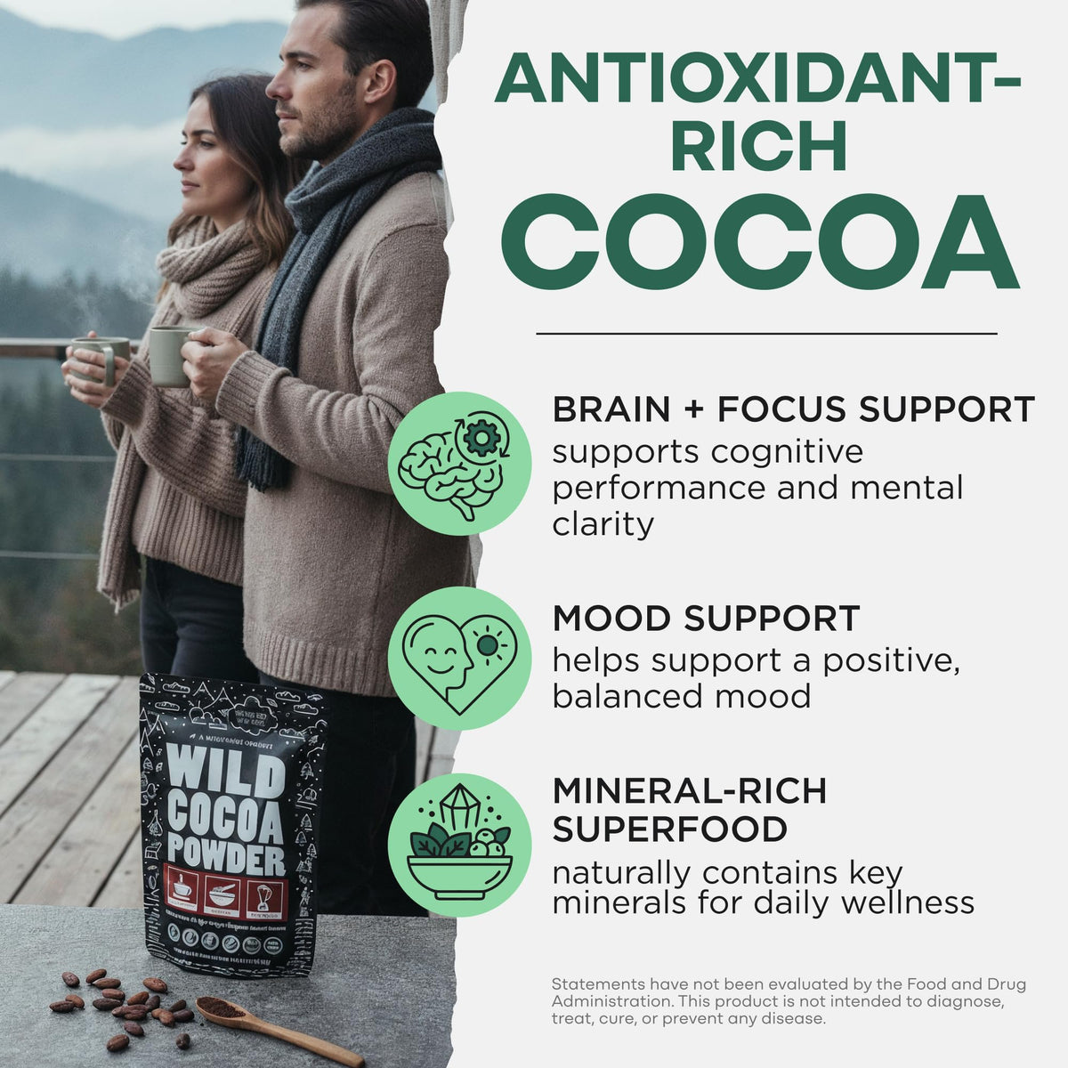 Wild Foods Organic Cocoa Powder label highlights single-origin cacao