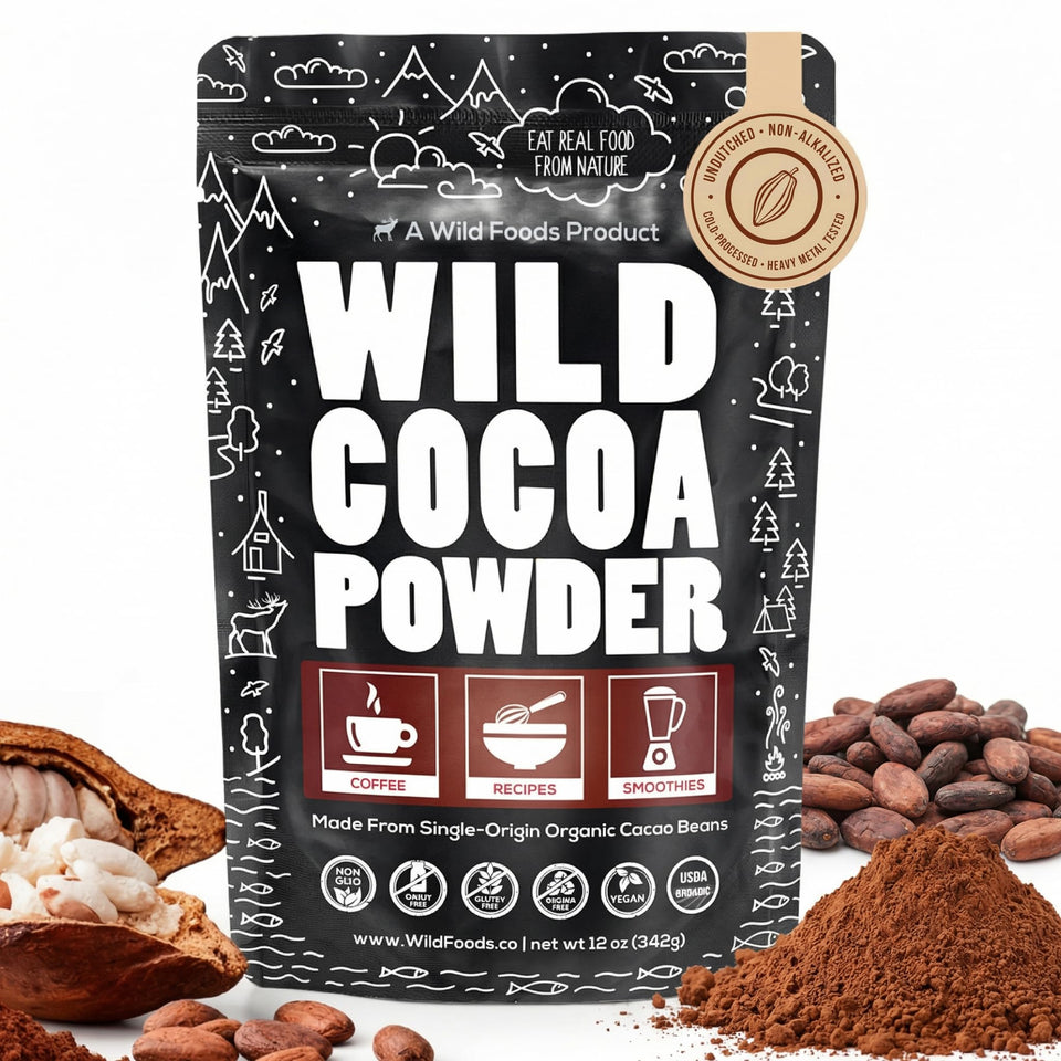 Wild Foods Organic Cocoa Powder unsweetened jar for pure baking