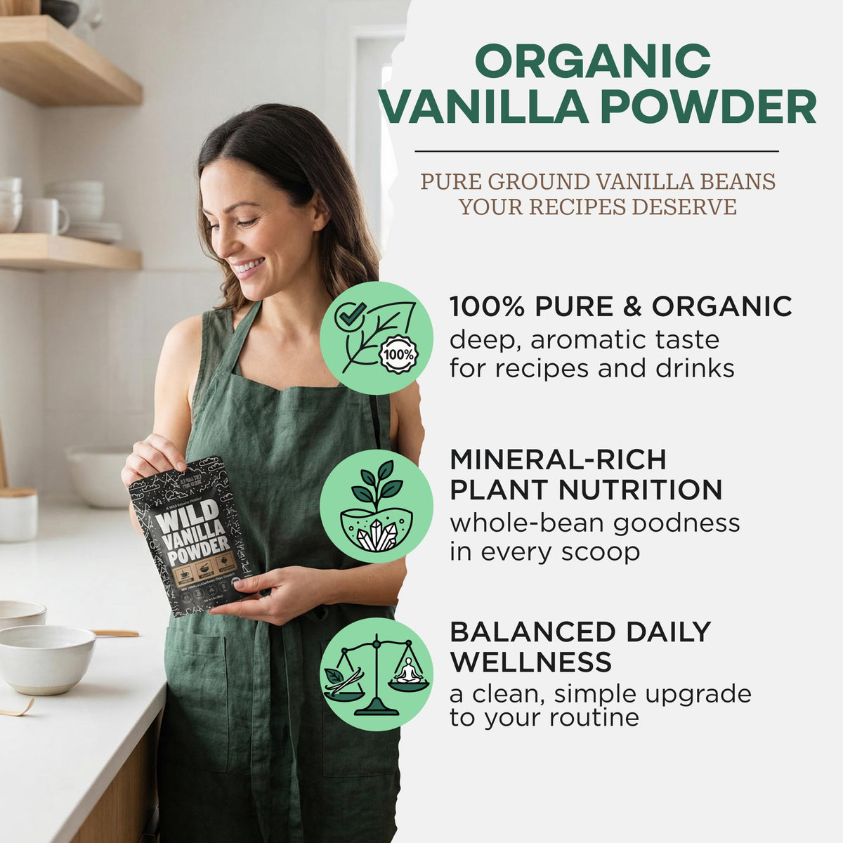 Wild Foods vanilla powder used in baking to replace extract with aromatic depth.