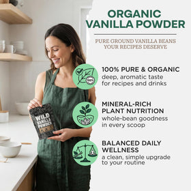 Wild Foods vanilla powder used in baking to replace extract with aromatic depth.