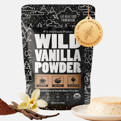 Wild Foods vanilla powder jar shows pure Madagascar vanilla for baking and flavor enhancement.