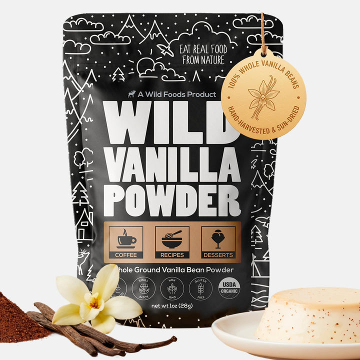 Wild Foods vanilla powder jar shows pure Madagascar vanilla for baking and flavor enhancement.