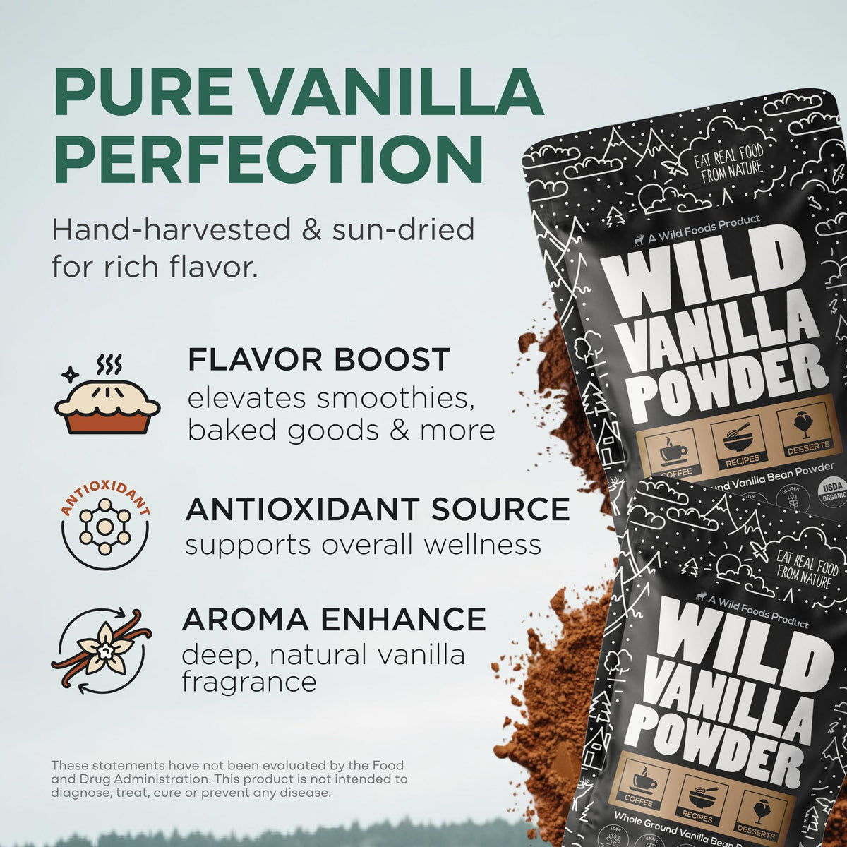 Wild Foods vanilla powder scoop highlights potent flavor boost for desserts and beverages.