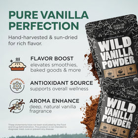 Wild Foods vanilla powder scoop highlights potent flavor boost for desserts and beverages.