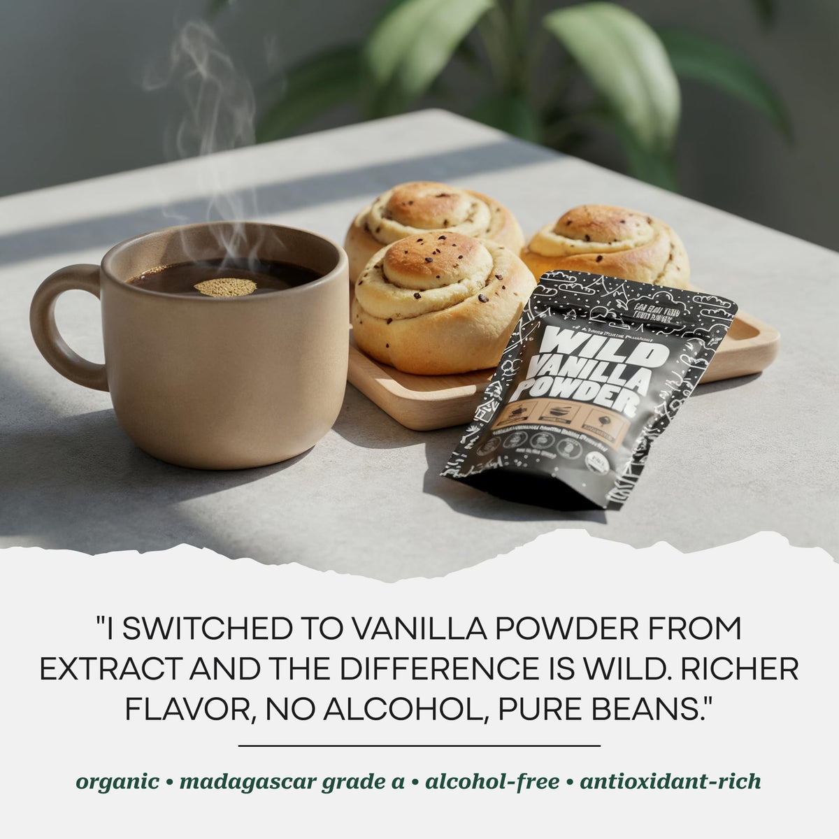 Wild Foods vanilla powder topping smoothies adds natural sweetness and warmth.