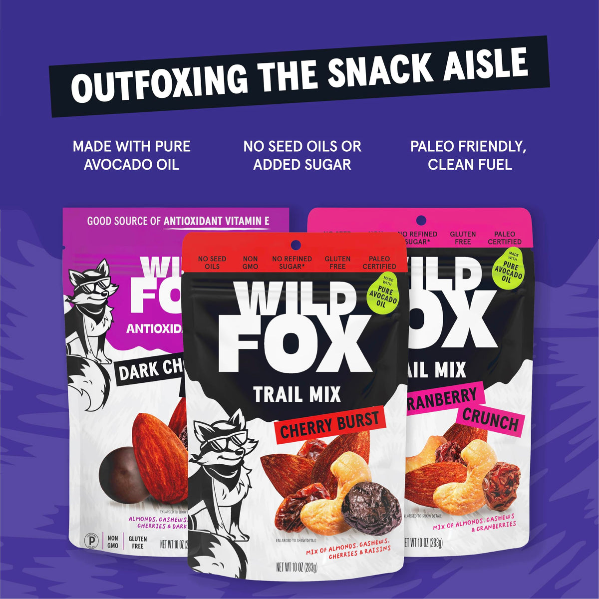 Wild Fox Trail Mix 10oz bags open easily for quick energy.
