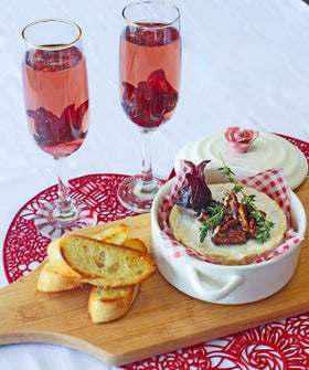Hibiscus Flowers in Syrup inside champagne glass for striking presentation