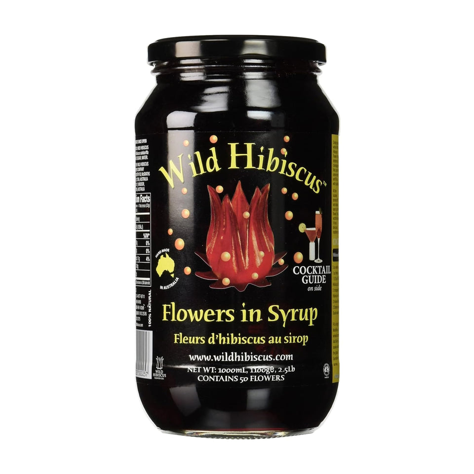 Wild Hibiscus Flowers in Syrup jar front for premium cocktail garnish