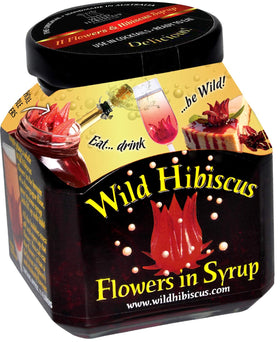Wild Hibiscus Flowers in Syrup jar close-up; vibrant petals ideal for cocktails and desserts.