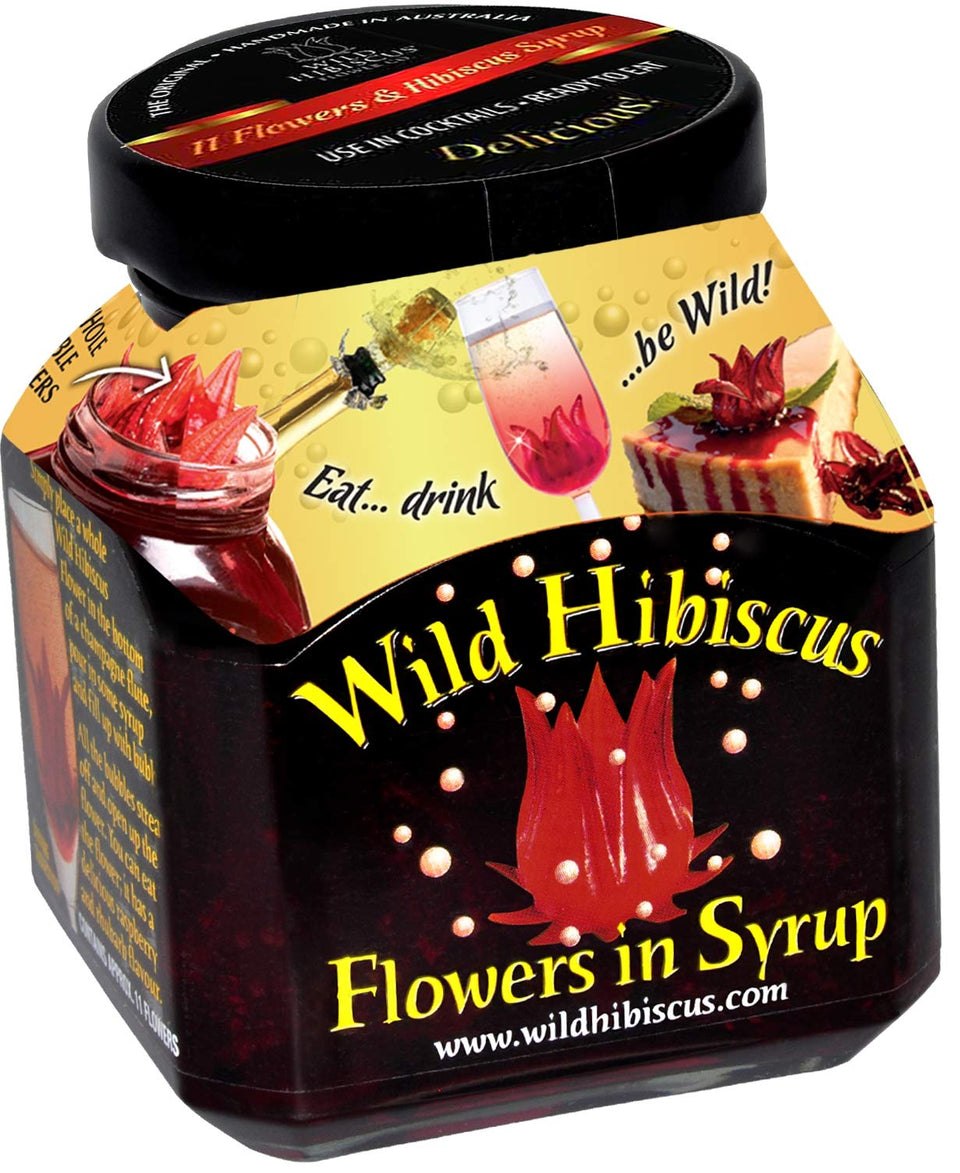 Wild Hibiscus Flowers in Syrup jar close-up; vibrant petals ideal for cocktails and desserts.