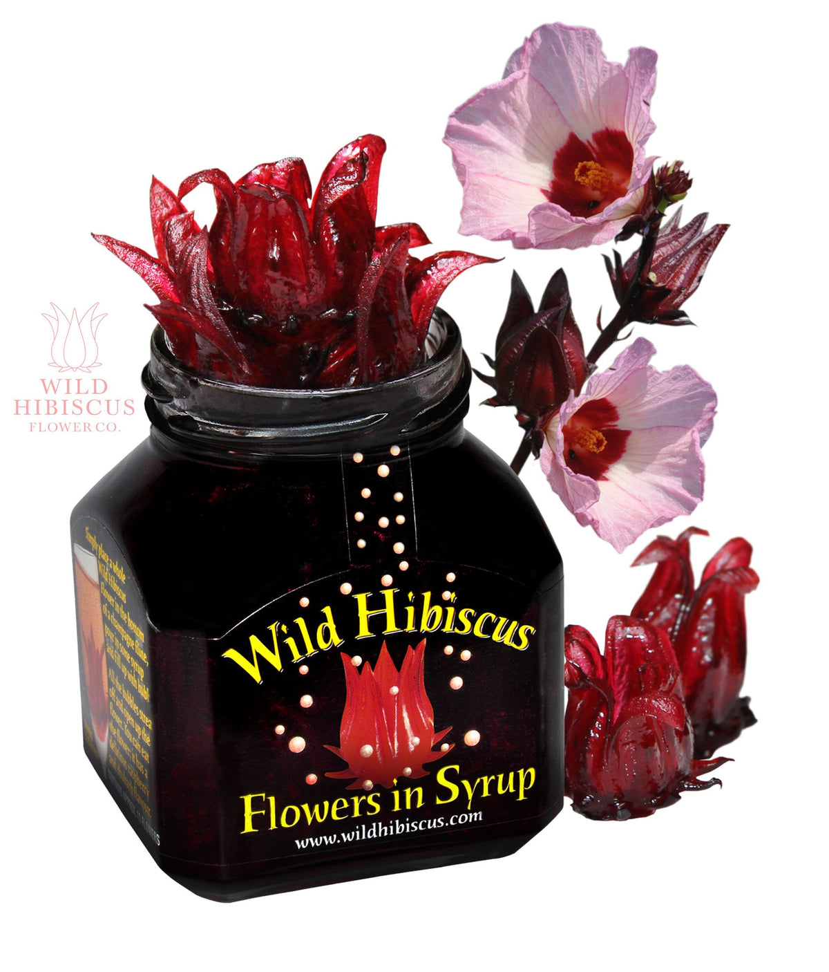 Wild Hibiscus Flowers in Syrup jar side view; elegant garnish for drinks and plates.