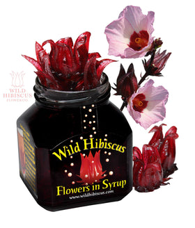 Wild Hibiscus Flowers in Syrup jar side view; elegant garnish for drinks and plates.