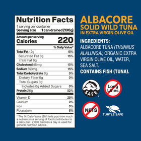 Wild Planet Albacore tuna steak slices in EVOO, flavorful for sandwiches or salads.
