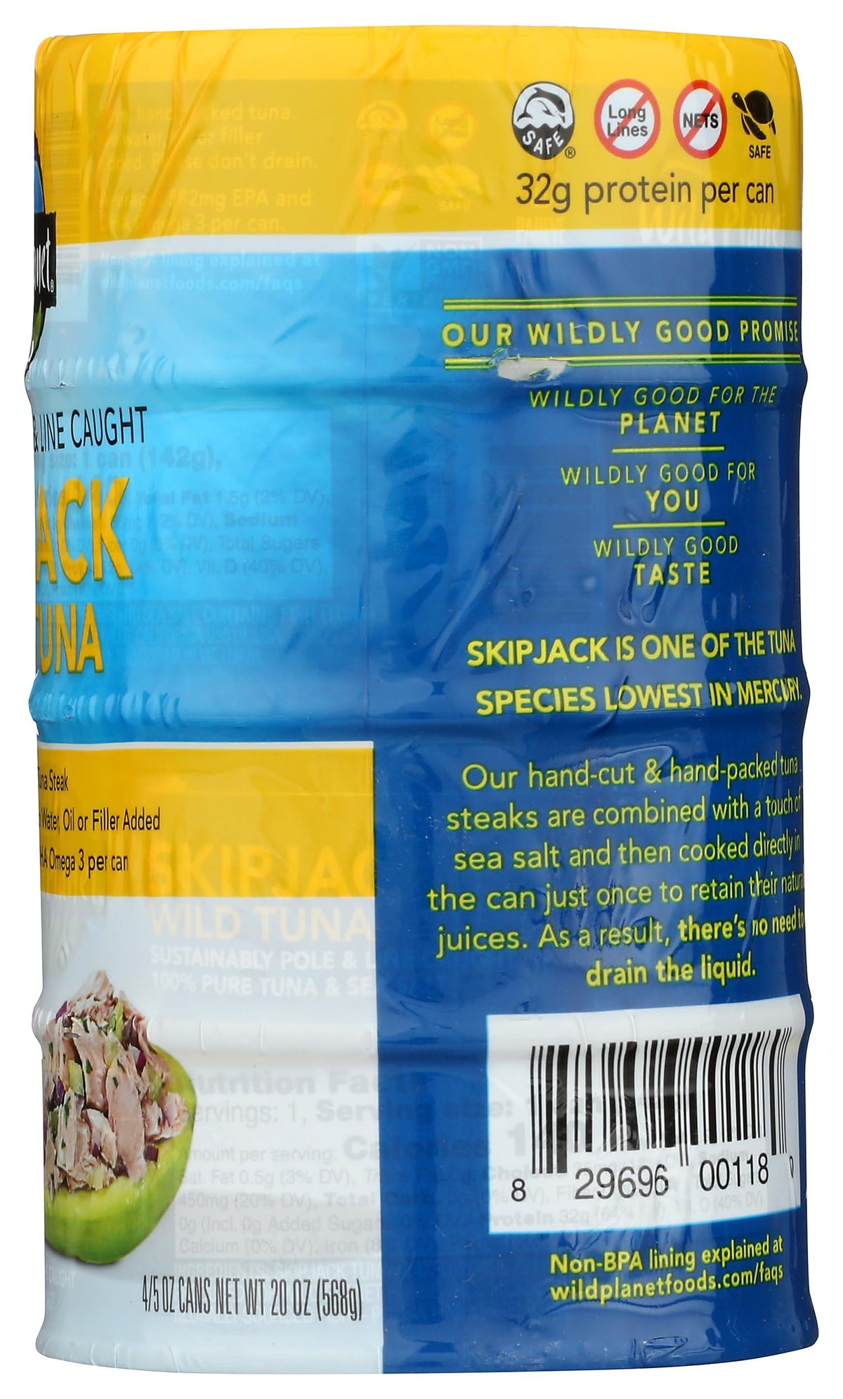 Wild Planet Skipjack Tuna 20 oz pack4 front label mentions no high fructose corn syrup