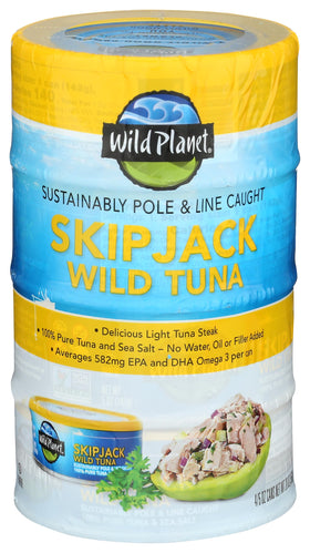 Wild Planet Skipjack Tuna 20 oz pack4 label shows clean ingredients