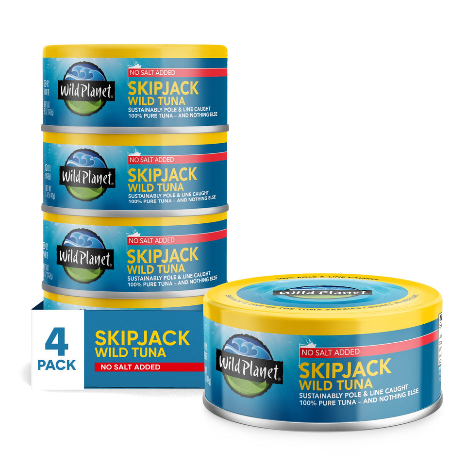 Wild Planet Skipjack Tuna can close-up, no salt added for lighter meals