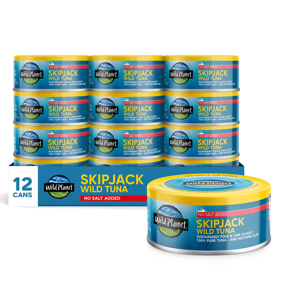Wild Planet Skipjack tuna can front with no salt added for clean flavor.