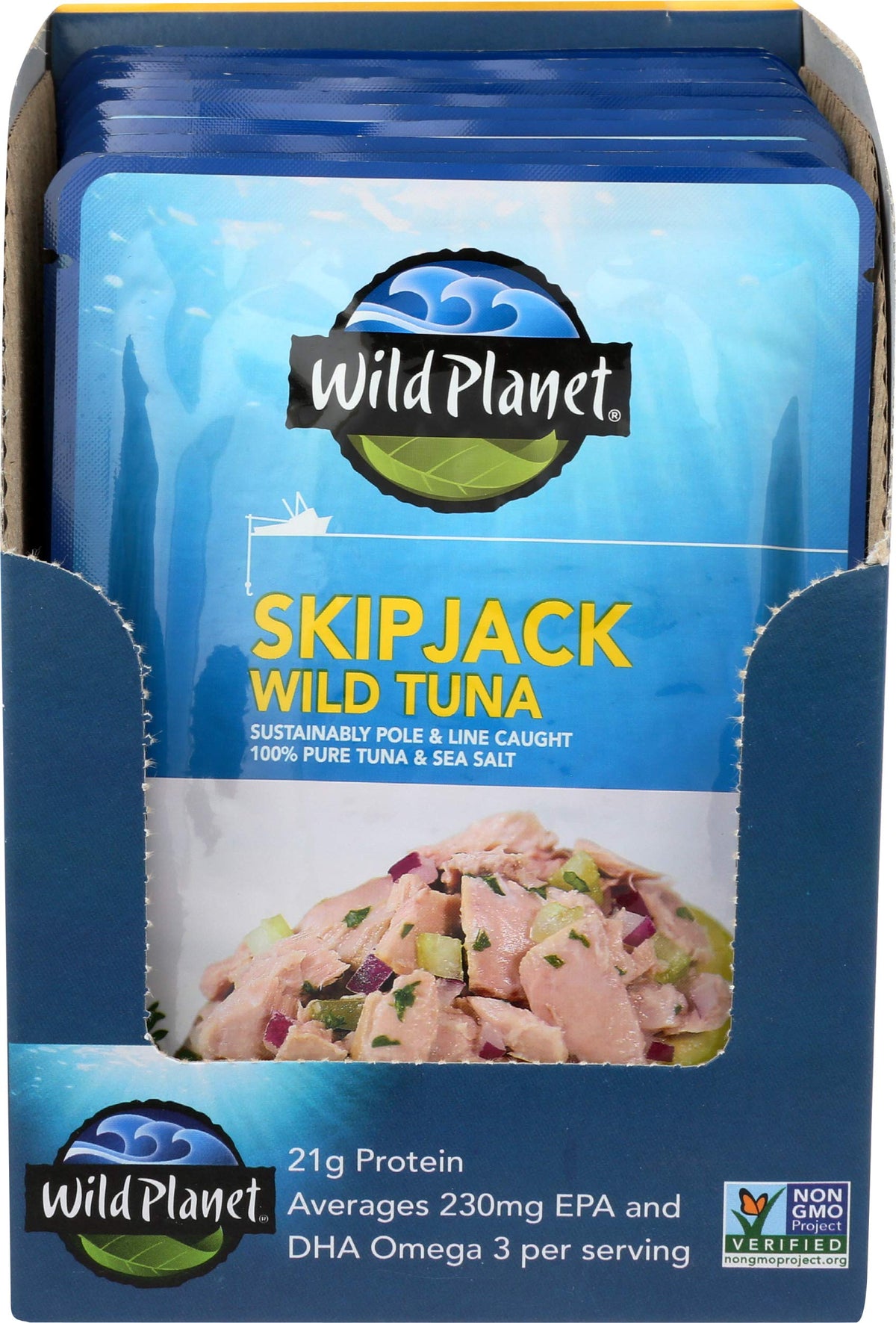Wild Planet Skipjack tuna pouch open, no liquid, ideal for on-the-go snacking.