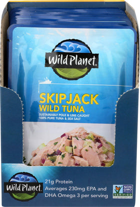 Wild Planet Skipjack tuna pouch open, no liquid, ideal for on-the-go snacking.