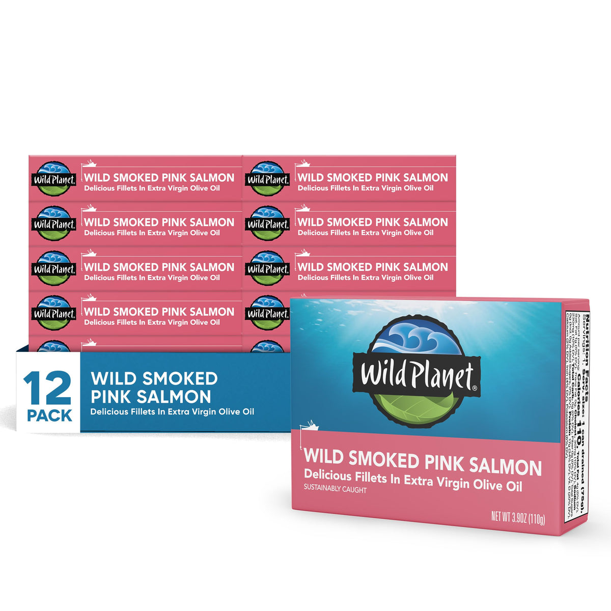 Wild Planet smoked pink salmon in EVOO can closeup highlighting premium packaging.