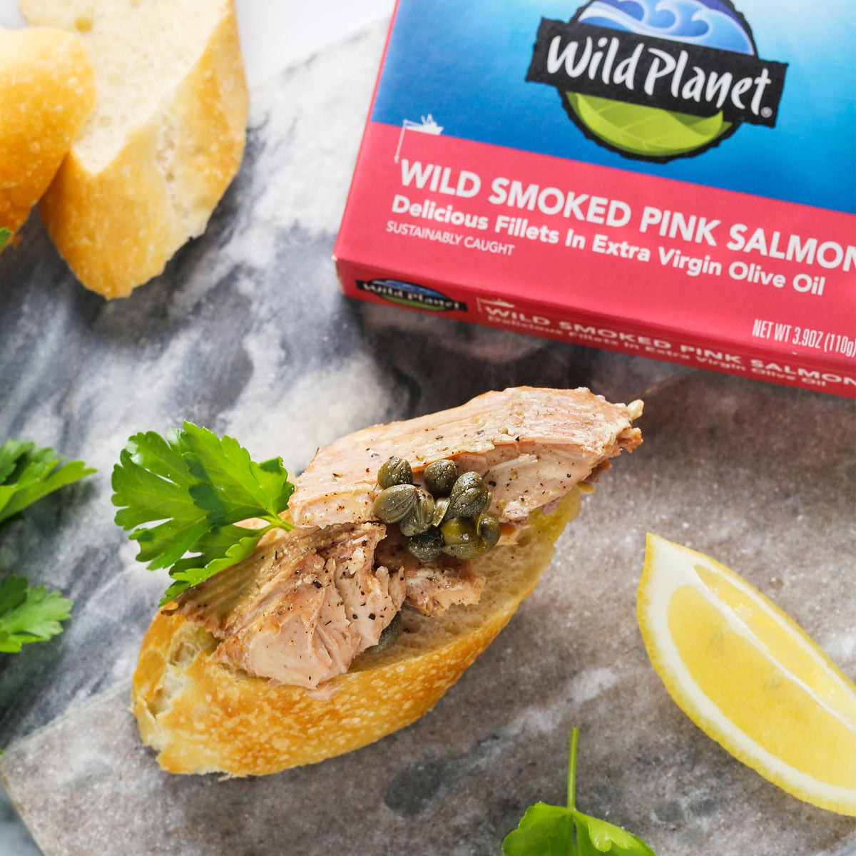 Sustainably wild-caught logo emphasized for responsible sourcing.