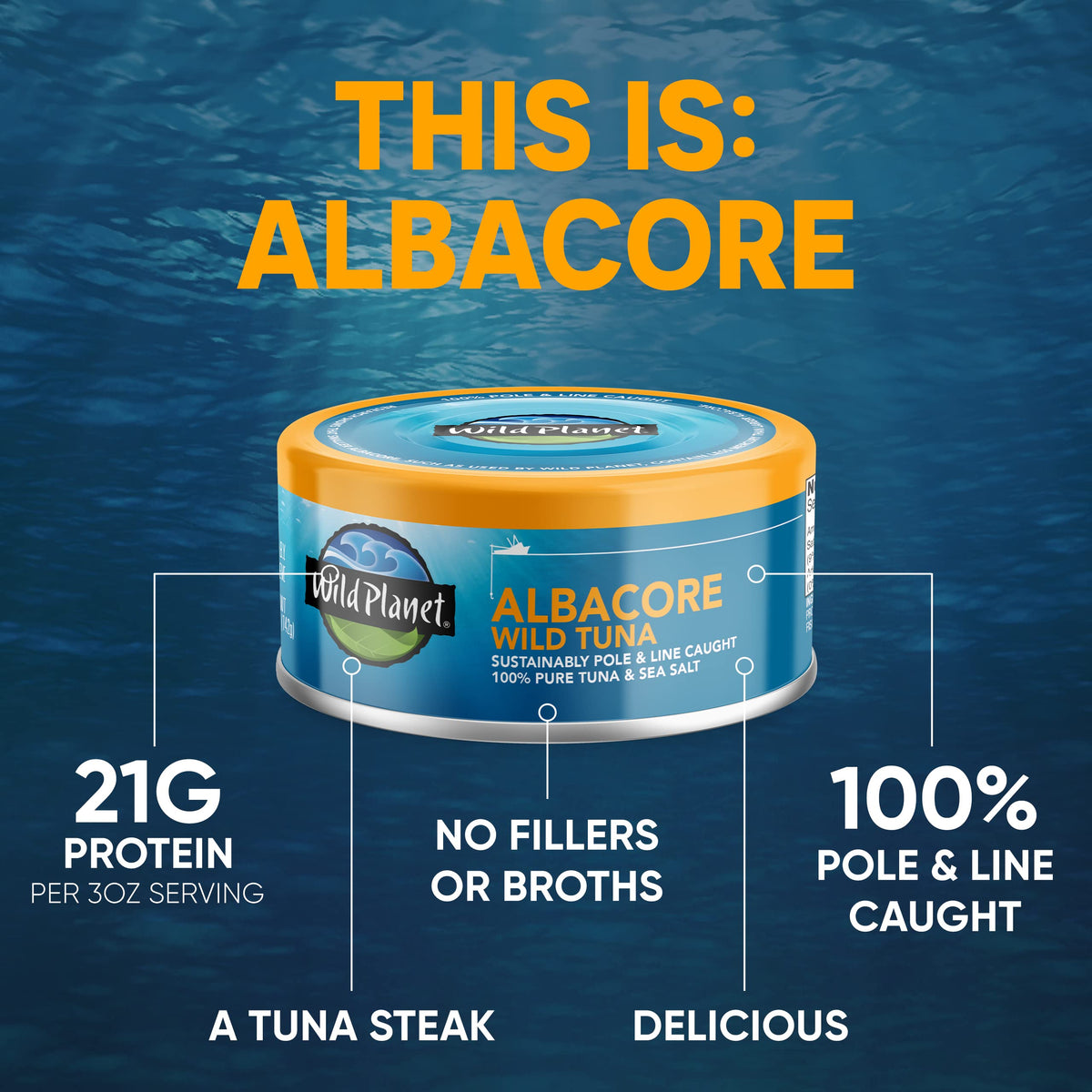 Wild Planet tuna can showing no water or fillers for quick use