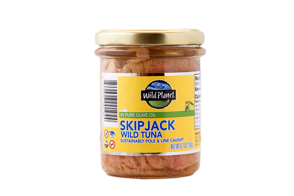 Wild Planet tuna olive oil jar label showing omega-3 and non-GMO status.