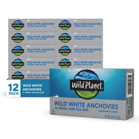 Wild Planet wild anchovies in water with sea salt can on shelf, ideal for salads