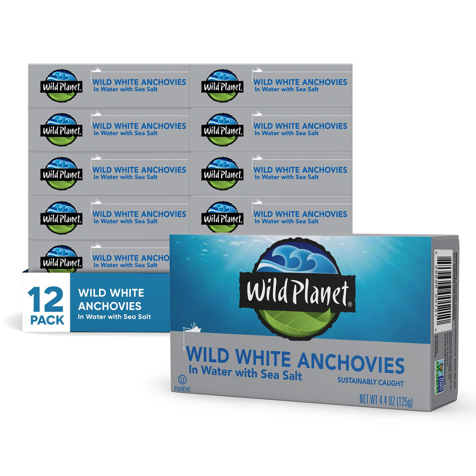 Wild Planet wild anchovies in water with sea salt can on shelf, ideal for salads