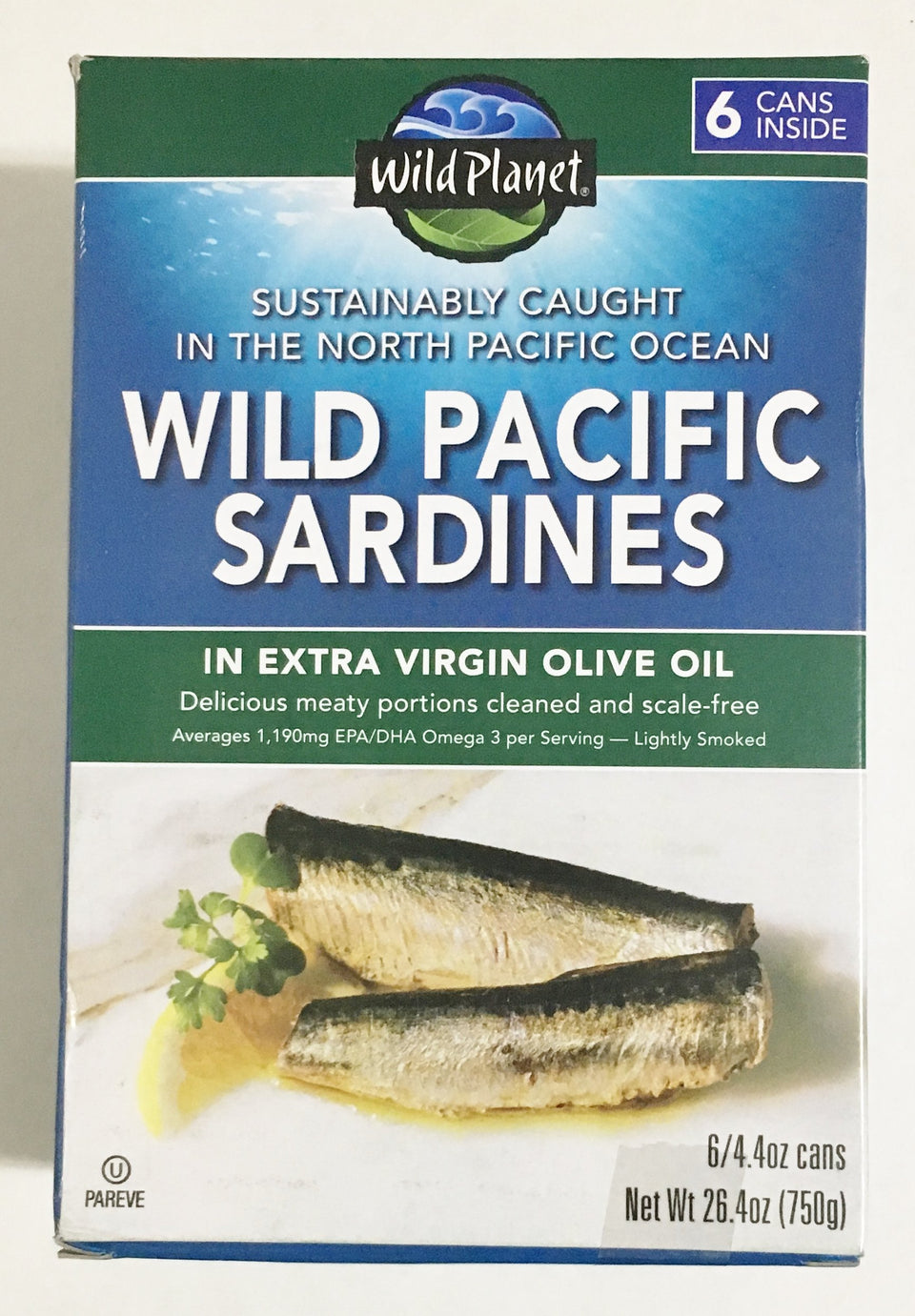 Wild Planet Wild Pacific Sardines in EVOO can with glistening oil, perfect for quick, nutritious meals.