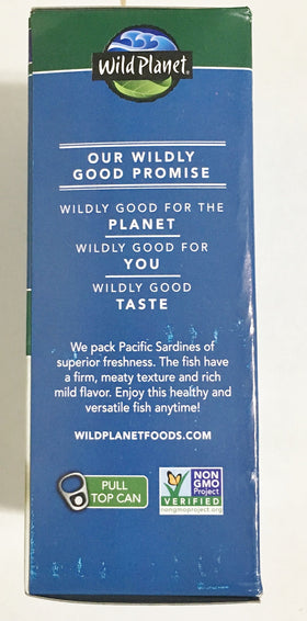 Wild Planet sardines in extra virgin olive oil shining in the can, ready for a simple, protein-rich lunch.