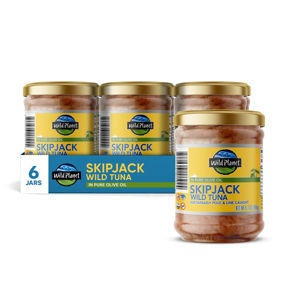 Wild Planet skipjack tuna in olive oil jar, ready-to-use protein for quick meals.