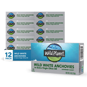 Wild Planet wild white anchovies packaging shows sustainable sourcing and clean flavor.