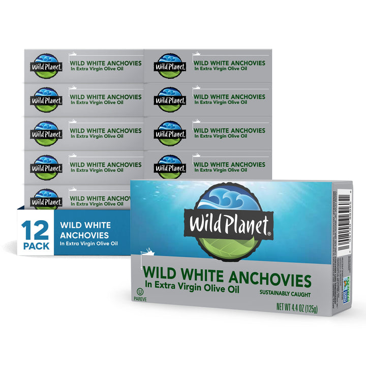 Wild Planet wild white anchovies packaging shows sustainable sourcing and clean flavor.