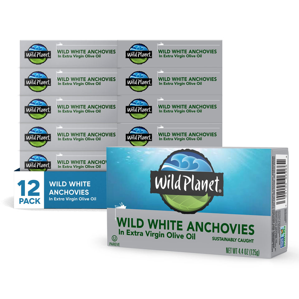 Wild Planet wild white anchovies packaging shows sustainable sourcing and clean flavor.