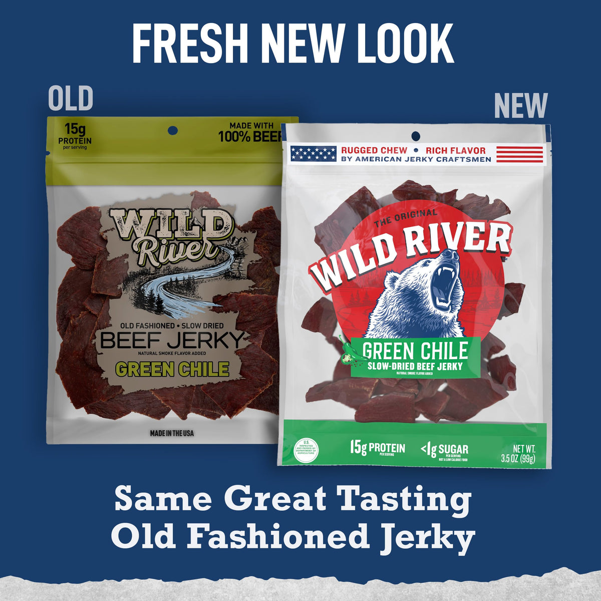 Wild River Jerky texture closeup shows slow-dried, rugged chew.