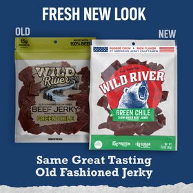 Wild River Jerky texture closeup shows slow-dried, rugged chew.