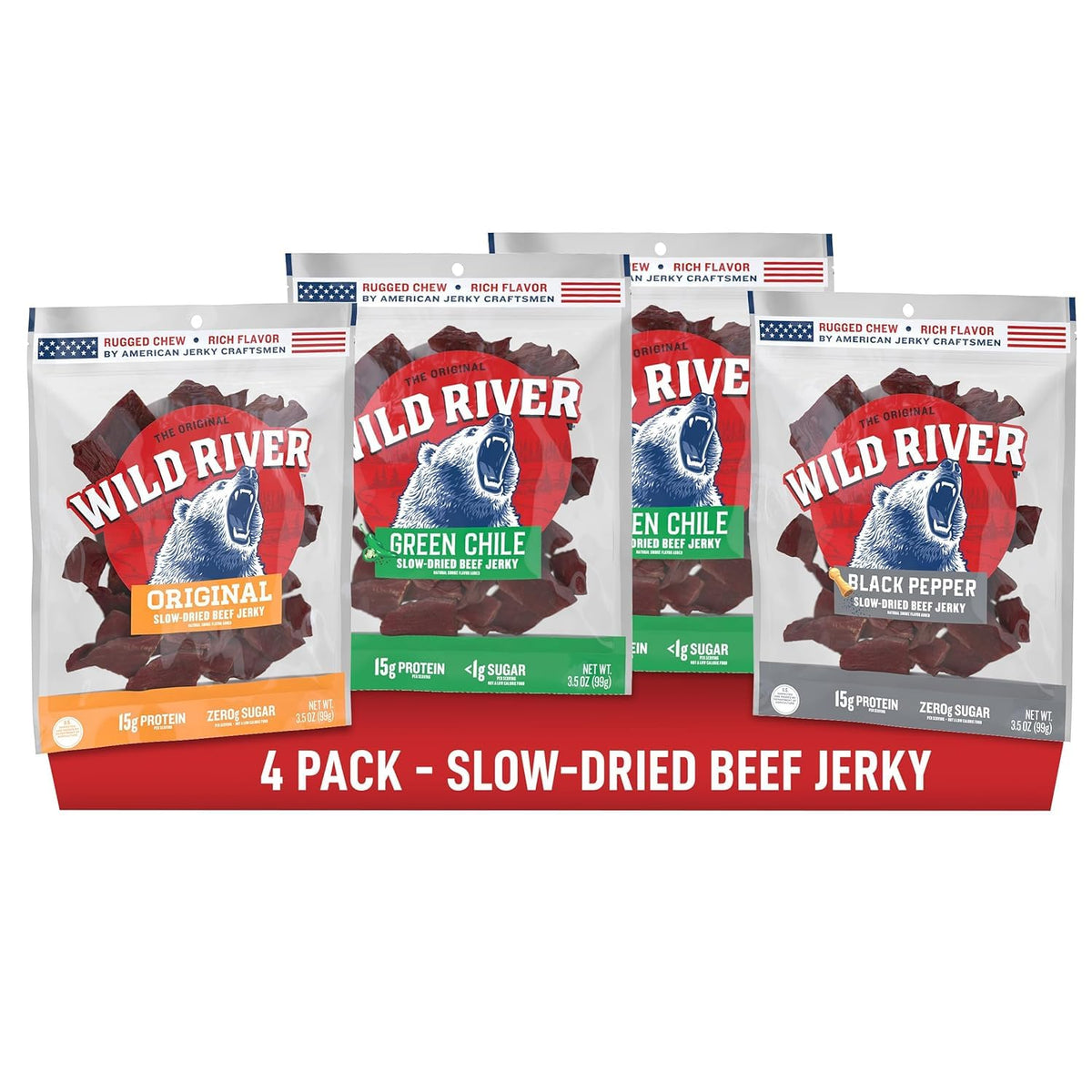 Wild River Beef Jerky Variety Pack front view for outdoor snacking on the go.