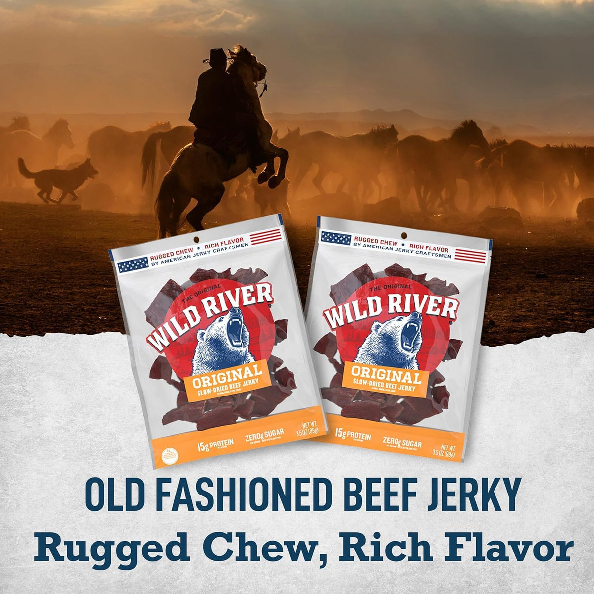 Gluten-free Wild River jerky packaging highlighting savory flavor.